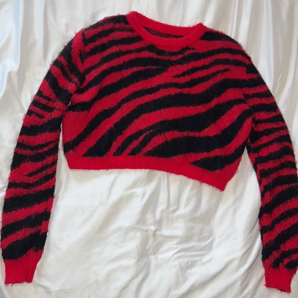 Cropped red zebra print sweater